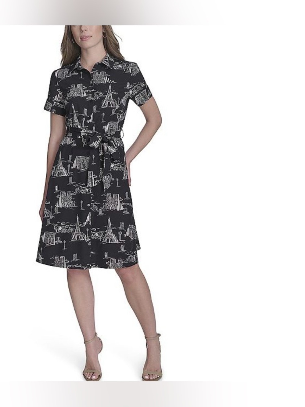 La Nouvelle Paris-Print Short Sleeve Shirt Dress with Tie Waist; NWT, Sz.12